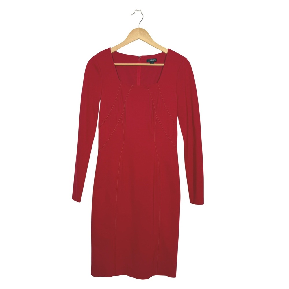 Tahari Sheath Dress Womens 4 Red Excellent Long Sleeve Square Neck Business